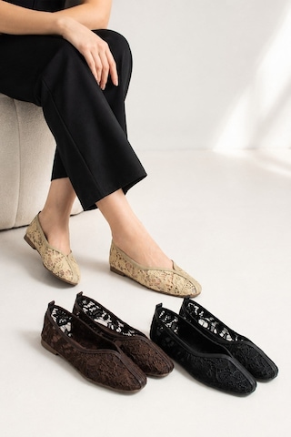 Dabab Shoes Florıa Dantel Kadın Düz Babet Dantel Dokuma Çiçek Desenli Zarif Günlük Ayakkabı Bej - Kahve - Siyah Bej Kombin Bej