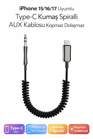 Apple iPhone 15 / 16 / 17 Uyumlu Type-c 3.5mm Aux Kumaş Spiralli Ses Aktarım Kablosu Type-C