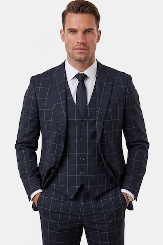 Deepsea Erkek Koyu Lacivert Slim Fit 3 Lü Takım Elbise Yelekli Ekose Desenli Çift Düğme Takım Elbise 2600501