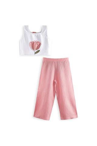 Denokids Çiçekli Kız Çocuk Pembe Müslin Pantolon Takım Renkli Çok Renkli