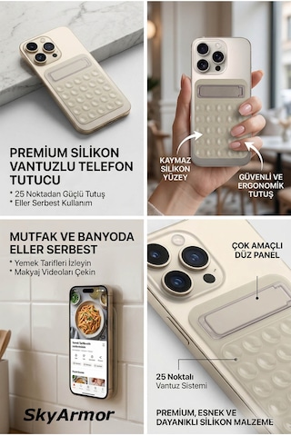 Standlı Silikon Telefon Tutucu Aynaya Ve Cama Yapışan Vantuzlu Selfie Standı Sky165 Krem