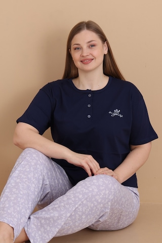 Wordex Mirano 4514 Çiçekli Kısa Kollu Pamuklu Penye Büyük Beden Kadın Pijama Takımı Lacivert