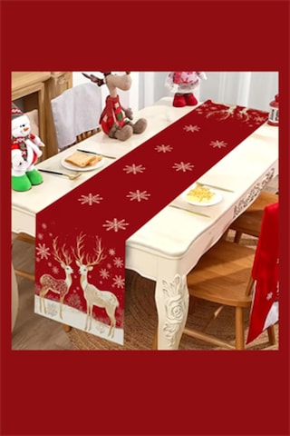 Bordo Altın Noel Masa Örtüsü Geyik Ve Kar Tanesi Desenli Dikdörtgen Yılbaşı Sofra Dekoru 1 Adet