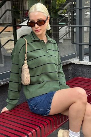 Madmext Melanj Yeşili Çizgili Polo Yaka Kadın Triko Kazak Mg2470 Melanj Yeşili