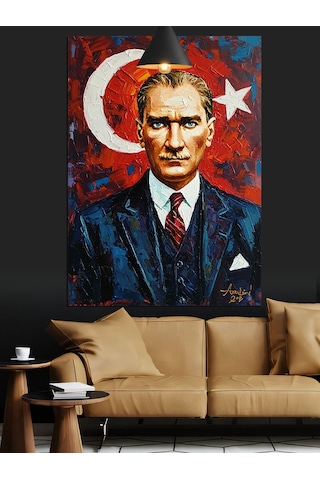 Türkiye Cumhuriyeti Bayrağı Önünde Atatürk Portresi Dekoratif Kanvas - Mdf Ahşap Tablo