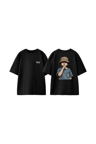 Thewert Sus Çocuk Tasarım Sırt Baskılı Pamuk Siyah Oversize T-shirt