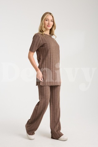 Çizgili Relax Fit İkili Takım Dnv-000019 Sütlü Kahve
