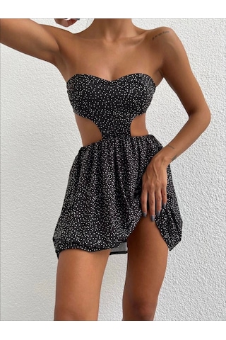 Taşlı Straplez Elbise Siyah