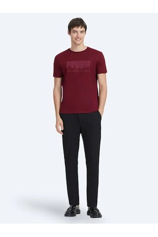 Kip Bordo Baskılı Bisiklet Yaka %100 Pamuk T-shirt Bordo