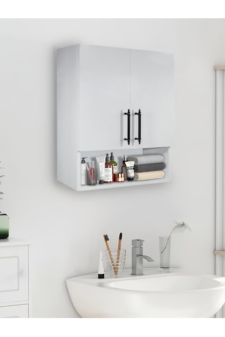 Ahşap Modern 2 Kapaklı Beyaz Lavabo Üstü Raflı Banyo Dolabı Beyaz