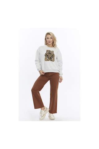 Gidia Kadife Ayıcıklar Desenli Gri Melanj Yumuşak Dokulu Regular Fit Bisiklet Yaka Kadın Sweatshirt Grimelanj