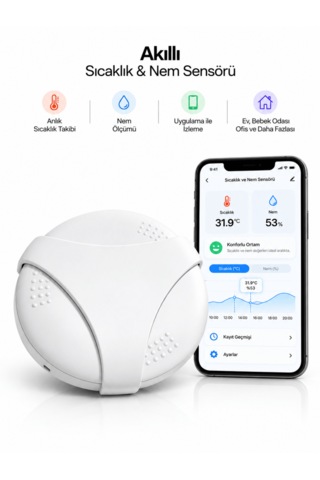 Fletvi Smart Akıllı Isı Ve Nem Sensörü Anlık Bildirim Uygulamadan Takip Uyarılı Ortam Algılayıcı Isı Nem Dedektörü Cihazı