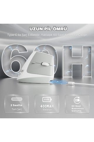 İ300 Kablosuz Ergonomik Dikey Mouse- 84gr-sessiz Tıklama- 57 Açı-16.000 Dpı Diğer