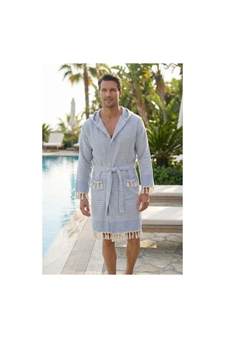 Kapşonlu Unisex Peştemal Plaj Bornozu %100 Pamuklu Seaside Stripe Mavi