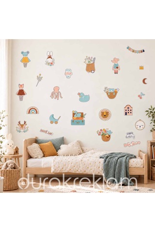 Sevimli Hayvanlar Çocuk Ve Bebek Odası Duvar Sticker Seti Kokusuz, Silinebilir Folyo Baskes Etiket Çok Renkli