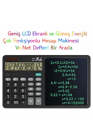 Geniş Lcd Ekranlı Ve Güneş Enerjili Ofis Ve Eğitim İçin Çok Fonksiyonlu Hesap Makinesi Ve Not Defteri Birarada Siyah