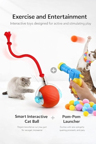 Ayrex Usb Şarjlı Akıllı Led İnteraktif Kedi Topu Ve Peluş Top Fırlatma Tabancası Seti, 20 Adet Peluş Toplu Kedi