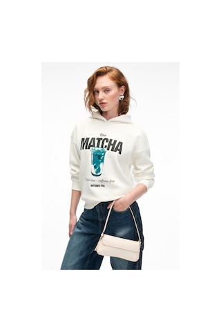 Grımelange YANMESA Kadın Oversize Baskı Ve Nakış Detaylı Uzun Kollu Kapüşonlu Beyaz Sweatshirt
