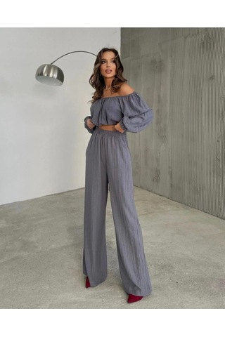 Fashion Cocktail Düşük Omuz Yazlık Lastikli Bohem Sahil Pantolon Krop Göbek Açık Kadın Takım Gri