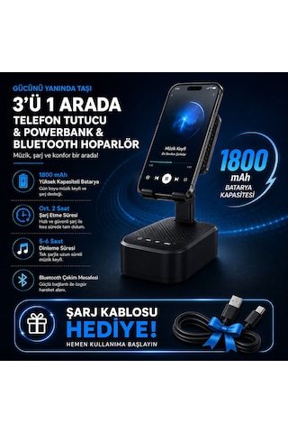 3 Ü 1 Arada Bluetooth Hoparlör Powerbank Ve Telefon Tutucu Özellikli Tf Kart Ve Usb Bellek Destekli Telefon Tutuculu Bluetooth Hoparlör