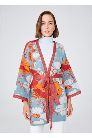 Peraluna Çicek Desenli Bol Kesim Pamuklu Kadın Triko Kimono-Çok Renkli