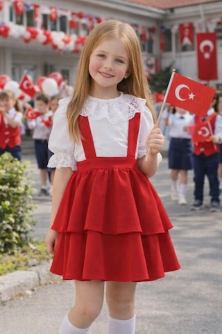 Miniko Kids 23 Nisan Kız Çocuk Kısa Kol Detaylı Bayramlık Salopet Etekli Takım Kırmızı