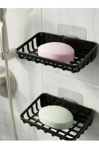 2'li Set Yapışkanlı Banyo Sabunluk, Katı Sabun Tutacağı, Lavabo Mutfak Katı Sabunluk Süngerlik Siyah