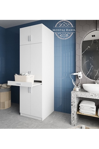 Piramit Çamaşır Ve Kurutma Makinesi Dolabı Banyo Dolabı Beyaz Beyaz