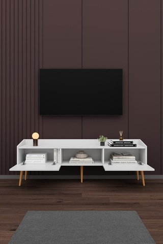 Asra Trend Tv Ünitesi Tv Sehpası T-28 %100 MDF Ayaklı Modern Medya Ünitesi Beyaz