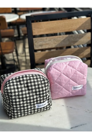 Batekso 2'li Siyah Ve Pembe Kare Desenli Makyaj Çantası Küçük Boy