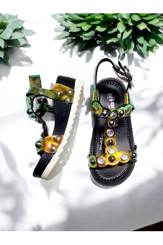 Yazlık İnci Ve Taş Detaylı Tokalı Ayarlanabilir Sandalet Yanar Döner Çok Renkli