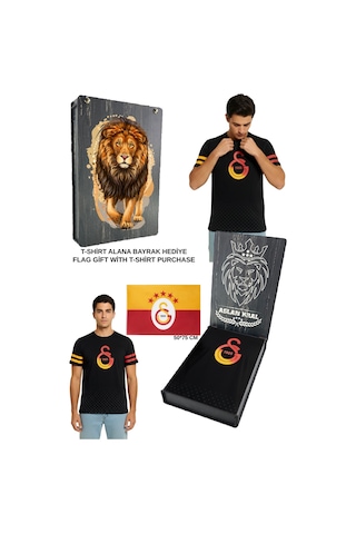 Gsstore Galatasaray Lisanslı Logo Baskılı Siyah T-shirt Bayrak Ve Uv Kutu Siyah