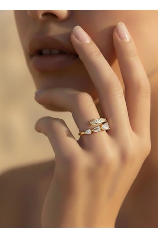 Ayarlanabilir Damla Model Zirkon Taşlı Gold Renk Çelik Yüzük Altın