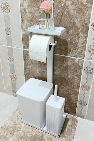 6 Parça Banyo Seti Çöp Kovası, Wc Fırça, Tuvalet Kağıtlık, Diş Fırçalık, Sıvı Sabunluk, Sabunluk Beyaz