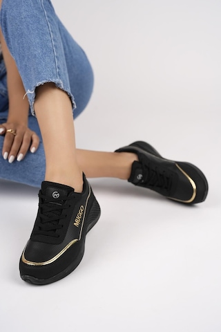 Muggo Happy Garantili Kadın Ortopedik Günlük Bağcıklı Şık Rahat Sneaker Spor Ayakkabı Siyah - Altın