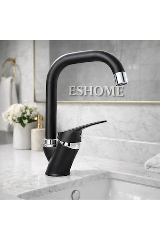 Köşe Borulu Siyah Banyo Lavabo Bataryası Musluğu Siyah