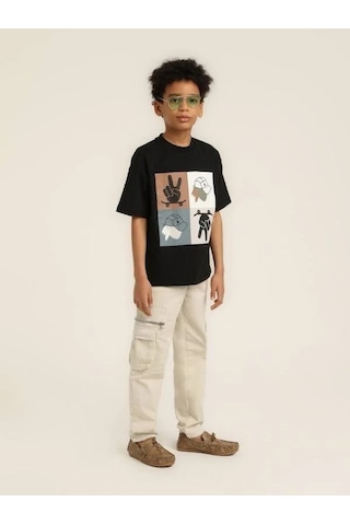 Escabel Erkek Çocuk Şapka Desenli Tasarım Pamuklu T-shirt-15627 SIYAH