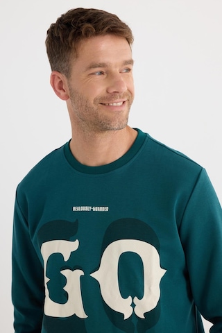Tudors Erkek Relax Fit Rahat Kesim Pamuklu Lastikli Kol Bisiklet Yaka Baskılı Yeşil Sweatshirt-37307 Yeşil