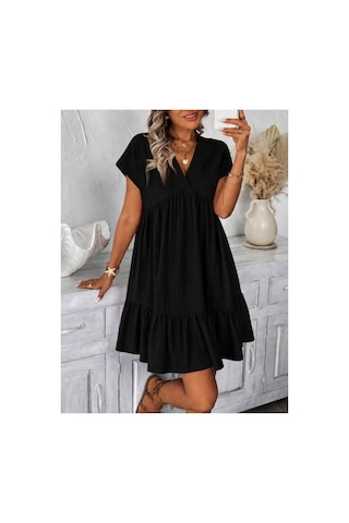 Butik İstanbul Kadın Kısa Kollu V Yakalı Fırfırlı Kısa Elbise Siyah