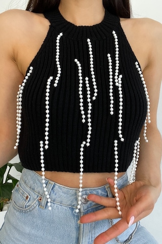 Femelle Kadın Siyah Halter Yaka Boncuklu Triko Crop Bluz