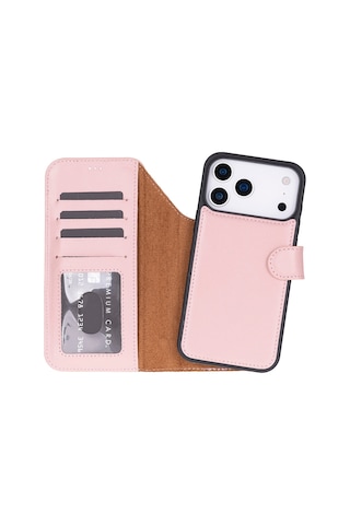 Bloomcase Magic Apple Uyumlu iPhone 17 Pro Max 6.9" Blush Ayrılabilir Hakiki Deri Cüzdanlı Telefon Kılıfı Pembe