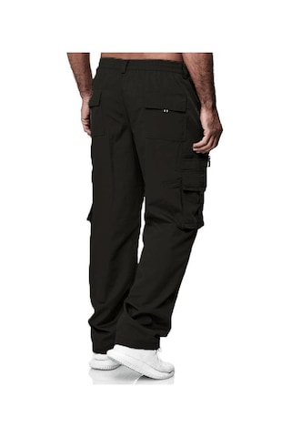 Erkek İlkbahar Ve Sonbahar Düz Paça Düz Renk Kargo Pantolon Günlük Çok Cepli Uzun Pantolon Bol Kesim Açık Hava Fitness Pantolonu Siyah