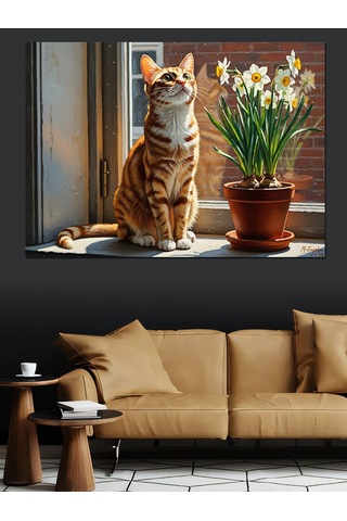 Ahşap Tablo Pencere Kenarında Duran Tekir Kedi