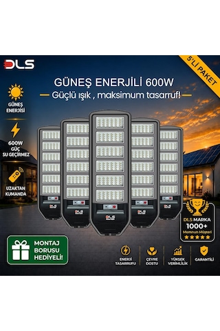 5'li Paket Dls 600w Güneş Enerjili Solar Sokak Ve Bahçe Lambası, Lifepo4 Bataryalı, Ip66, Hareket Sensörlü, Uzakt