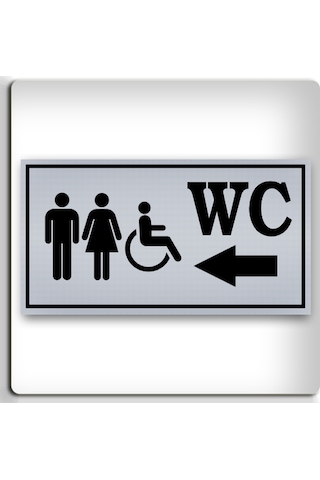 Bay Bayan Engelli Wc Sol - Yönlendirme Levhası - Kendinden Yapışkanlı Metalik Gümüş Gri Tabela 8x15 Cm