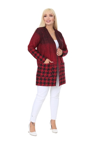 Melsay Butik Kırmızı Kazayağı Desen Kısa Büyük Beden Kadın Hırka Kırmızı