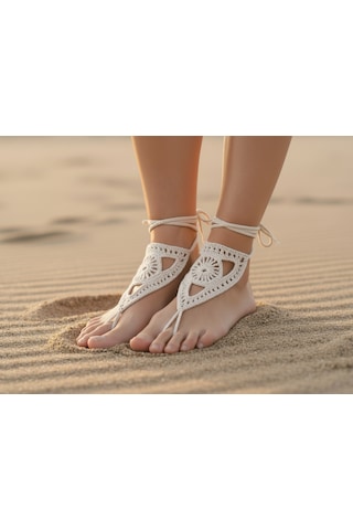 Boho Stil Barefoot Sandal El Yapımı Ekru Ayak Aksesuarı Çift