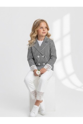 Zekids Kız Çocuk Lacivert Çizgili Kruvaze Dantel Detaylı Ceket-17155 Çok Renkli