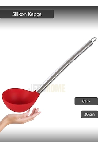 Silikon Kepçe Paslanmaz Saplı Servis Kepçesi Kırmızı 30 Cm