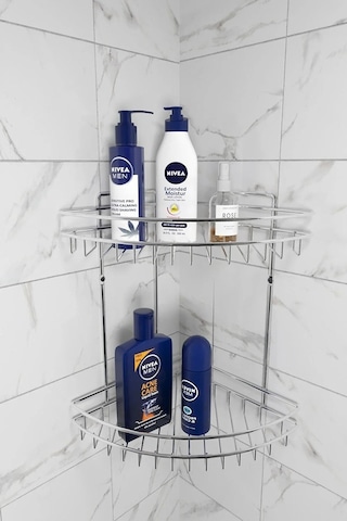 Suntel İki Katlı Banyo Rafı, Banyo Düzenleyici, Duşakabin Rafı, Banyo Köşeliği Krom
